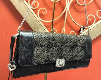 Brighton Black Leather Shoulder Bag: Embossed Design, Silver Hardware