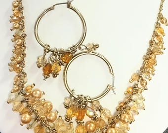 1928 Goldtone Dangle Necklace with cordinating Hoop Earrings