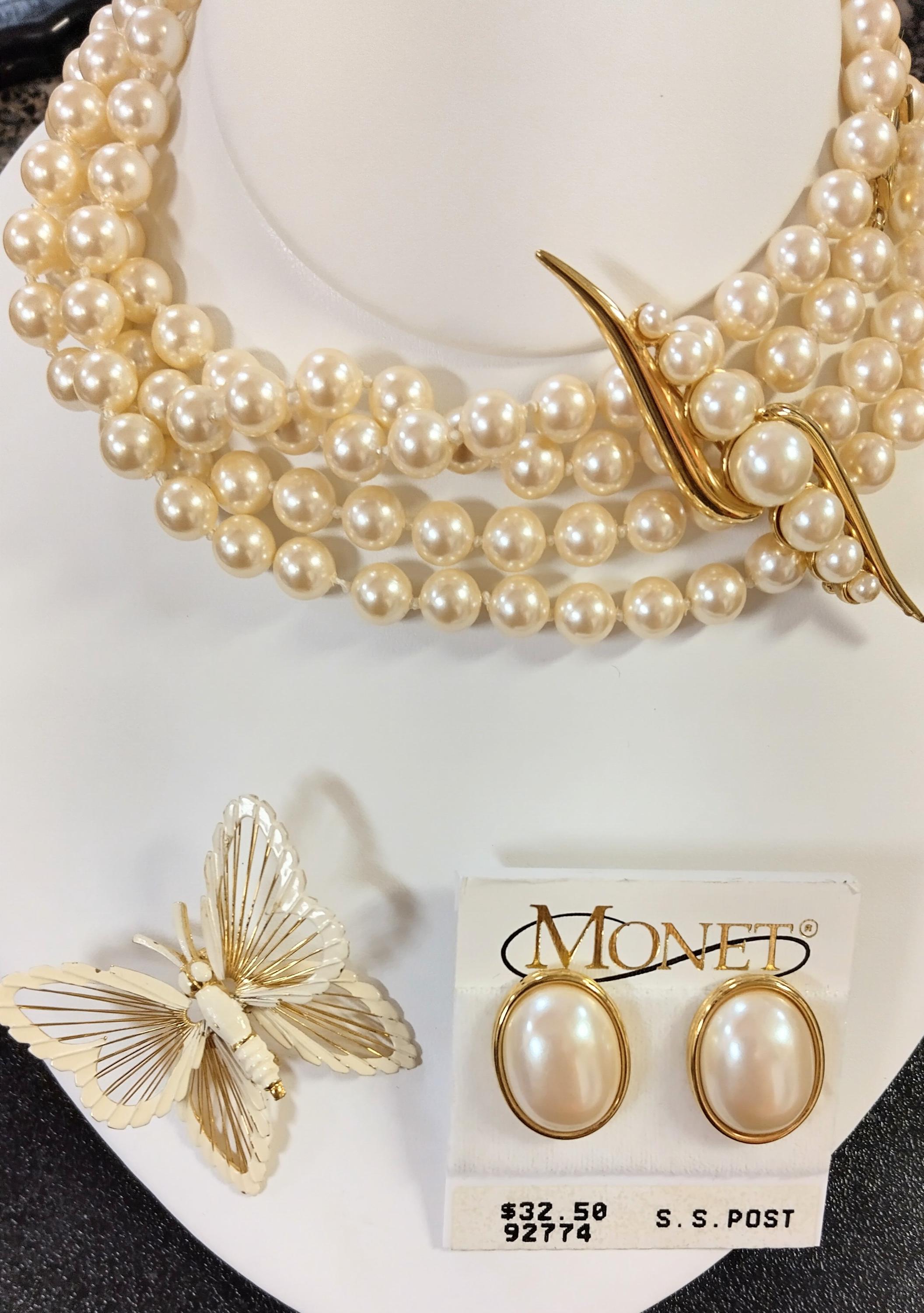 Monet VTG Faux Pearl Ensemble Includes Necklace, Two Brooches and Earrings Goldtone Set