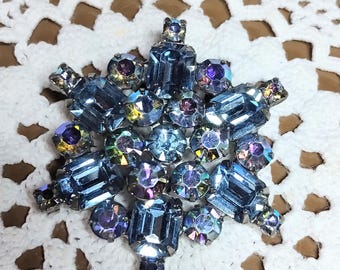 Weiss Signed Brooch Blue with Pink Glow