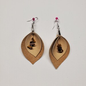 2 Tier Tan and Light Tan Petal Shaped Genuine Leather Earrings with tiger eye beads