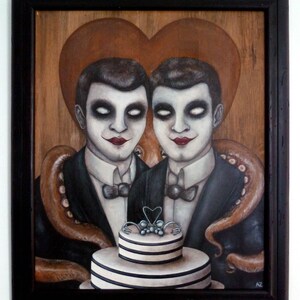 Peinture originale, Poulpe de mariées , acrylique sur bois, 46x53cm. image 1