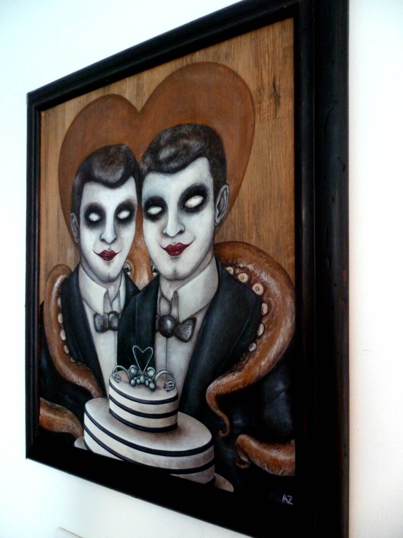 Peinture originale, Poulpe de mariées , acrylique sur bois, 46x53cm. image 2