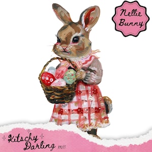 Serie de conejitos de Pascua a cuadros Nellie Bunny, gráficos de manualidades de Pascua, clipart de conejito de Pascua, clipart de primavera, descarga digital