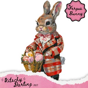 Serie de conejitos de Pascua a cuadros Fergus Bunny, gráficos de manualidades de Pascua, clipart de conejo de Pascua, clipart de primavera, descarga digital