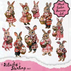Serie de conejitos de Pascua a cuadros, conjunto completo de 10, estilo kitsch vintage, imágenes prediseñadas pintadas, PNG, collage digital imprimible, diario basura, arte de Pascua