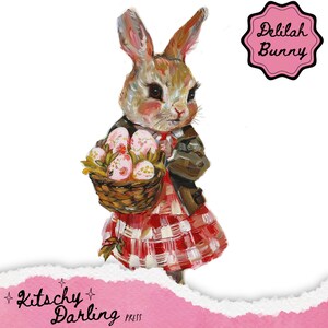 Delilah Bunny Plaid Easter Bunnies Series, Gráficos de artesanato de Páscoa, Clipart de coelho da Páscoa, Clipart de primavera, Download digital