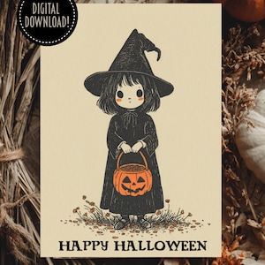 Cute Witch Printable Halloween Cards (and Art Prints) 4x6 & 5x7 with Envelopes, Vintage style Halloween, Kawaii Halloween