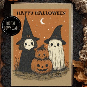 Witchy Halloween Printable Halloween Cards (and Art Prints) 4x6 & 5x7 with Envelopes, Vintage style Halloween, Kawaii Halloween