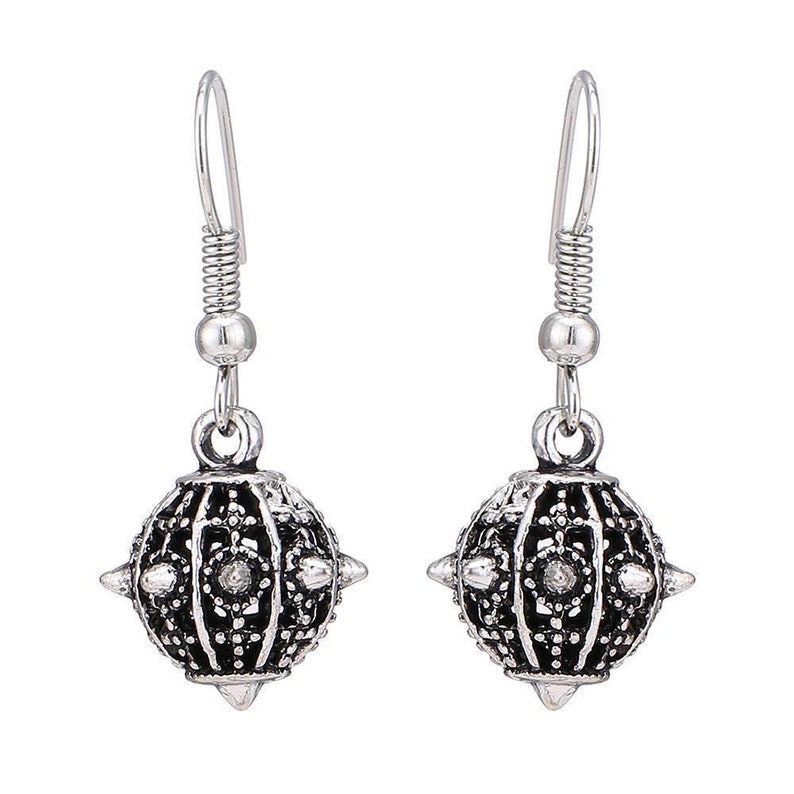 Brass earrings silver oxidized small balls triangle rivets pointed