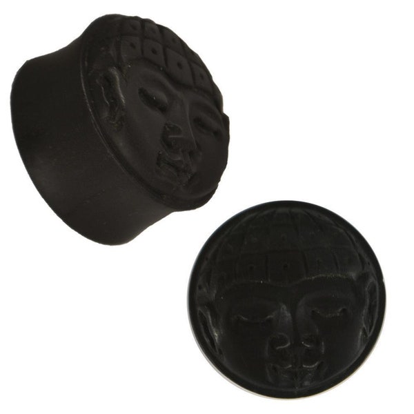 Plug black wood Buddha head carved checkered hood Tribal Piercing