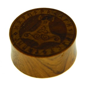 Flesh plug teak Mjolnir Triskele runes double flared image 8