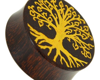 Wood Plug Tree of Life Yggdrasil gold double flared