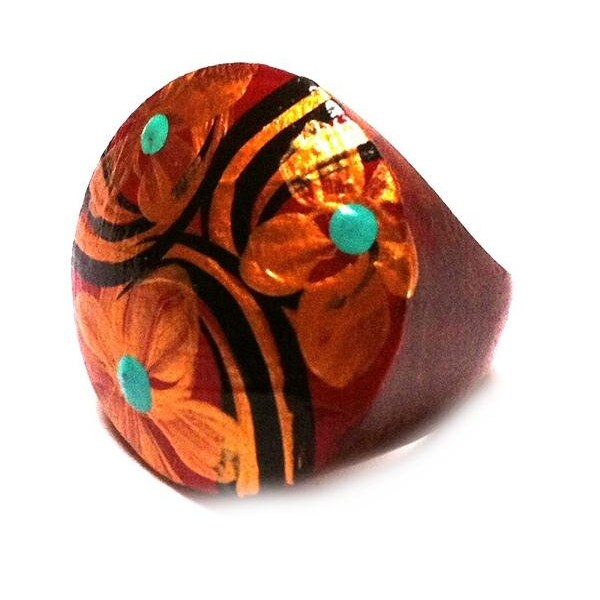 Holzring Sono wood ring ladies jewelry wooden jewelry hand-painted flowers gold turquoise black red