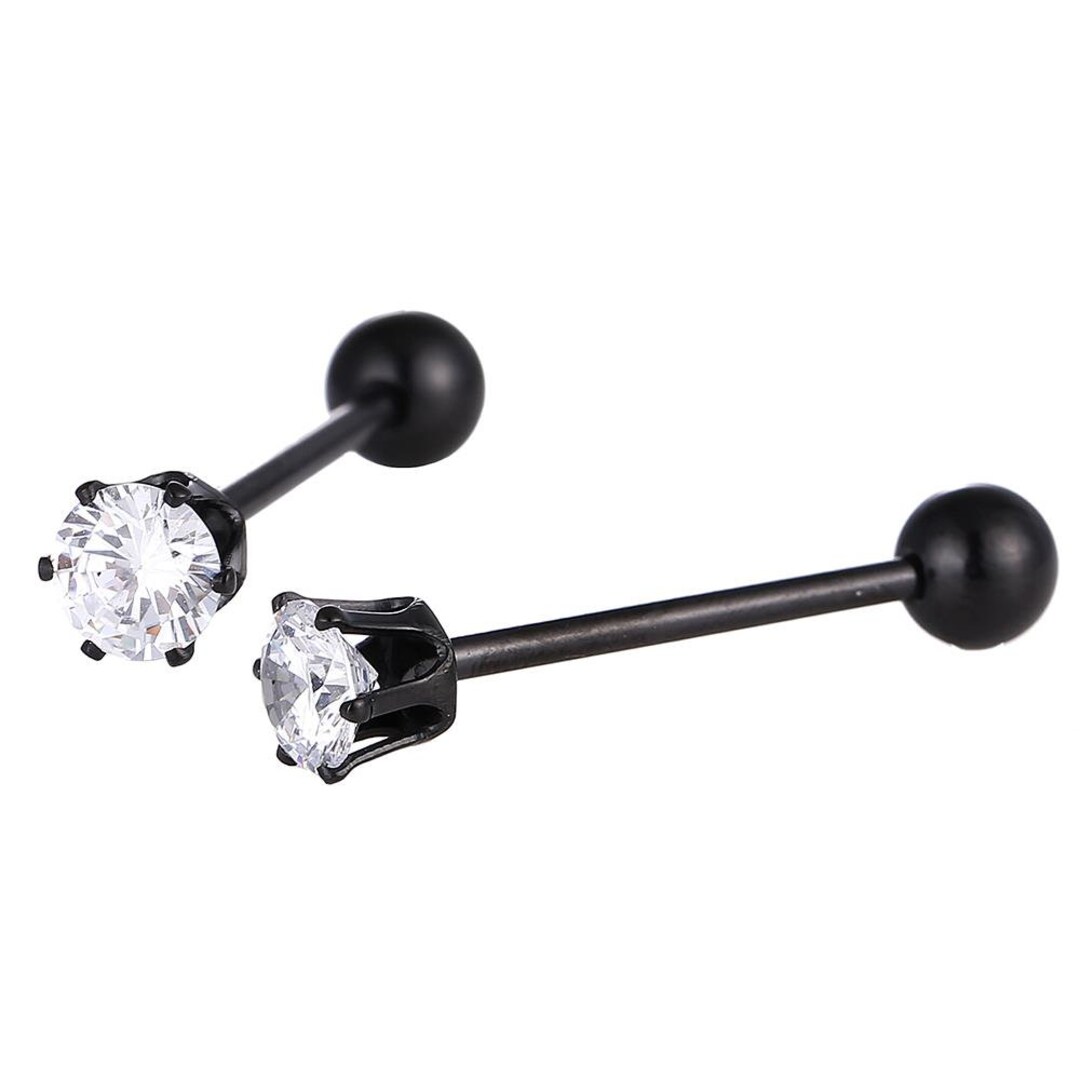 Straight Barbell Piercing Basic Stainless Steel Black Zirconia Stone