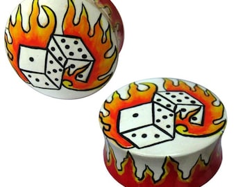 Wood Plug dice flame red white tunnel Unisex Earrings teak Studs Earrings Expander