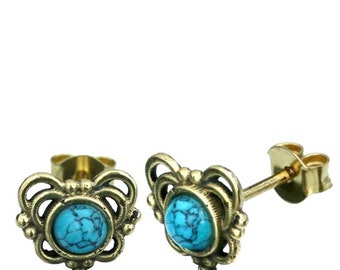 Brass stone turquoise onyx ear studs antique golden