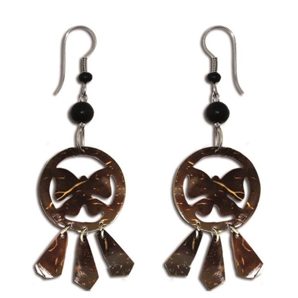 Boucles d'oreilles rondes brun à grain du bois de coco perforé papillon noir avec remorque