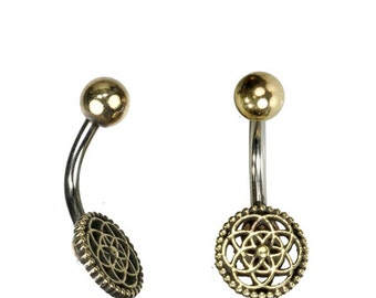 Belly button piercing brass stainless steel antique golden Silver Flower of life points (No. BNP-184)