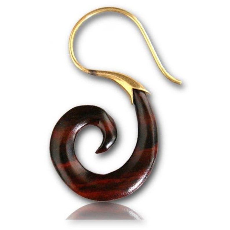 Fake wood Piercing Narra Wood Brass spiral golden earring Earrings Organic Tribal