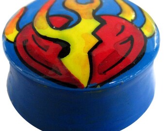 Wood Plug Heart Flames blue yellow red tunnel Unisex Earrings teak Stud Earrings