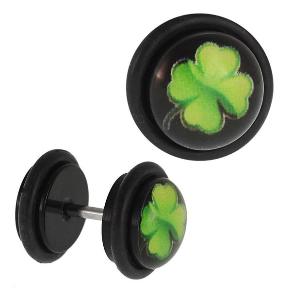 Fake Piercing Plug black Glücksklee Four Leafy green Gummiring 7 mm