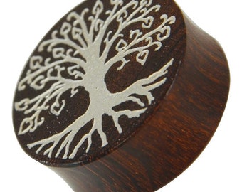 Wood Plug Tree of Life Yggdrasil silver double flared