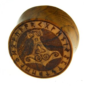 Flesh plug teak Mjolnir Triskele runes double flared image 1