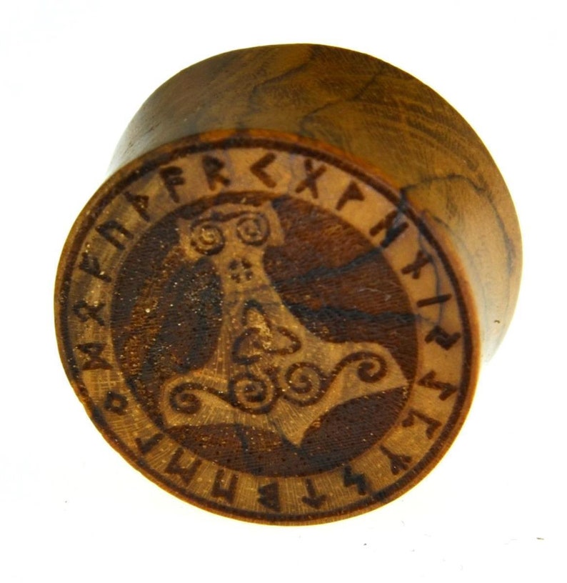 Flesh plug teak Mjolnir Triskele runes double flared image 1