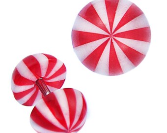 Fake Plug piercing hemisphere in red and white striped acrylic and stainless steel pin 1mm