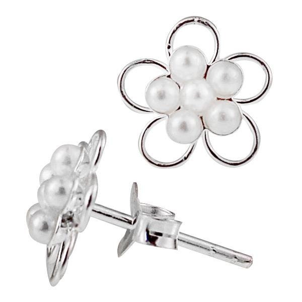 Studs flower white small beads 925 sterling silver bows Perlenohrstecker