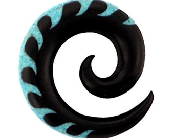 Tribal Buffalo Horn Piercing Expander, black spiral with turquoise inlay Wave, 6mm, Plug, Tunnel, Earring, Earrings, Studs