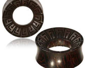 Tamarind wood flesh tunnel greek ornament spirals lobe piercing wood double flared