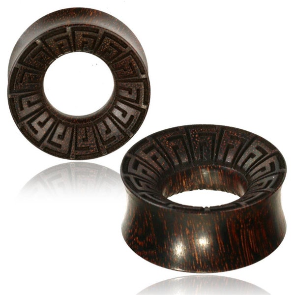 Tamarindo madera túnel de carne griego ornamento espirales lóbulo piercing madera doble acampanada