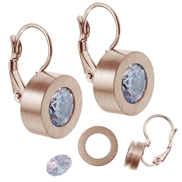 Glitter glass crystal earrings rose gold white stainless steel round 12 mm Wechselschmuck glass crystal