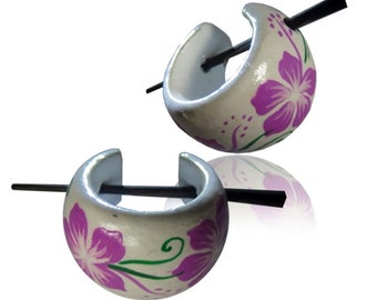 Hawaii flower purple wood Hoops White Green Pin Earrings Pin Hoops Pin Horn wooden handpainted 16mm