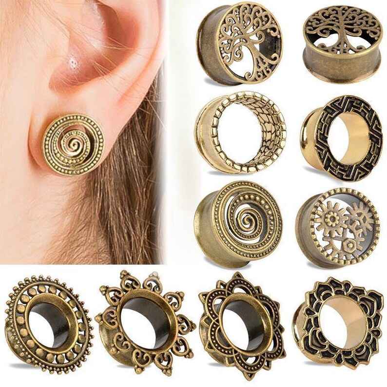 Messing Tunnel Ohrschmuck Sonne Design - Antik Gold Tribal Stecker Nickelfrei