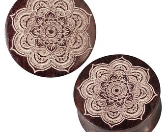 Crocodile Wood Plug dark brown white laser engraving floral mandala