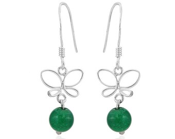 Earrings Stone Pearl 925 Sterling Silver Jade green round butterfly