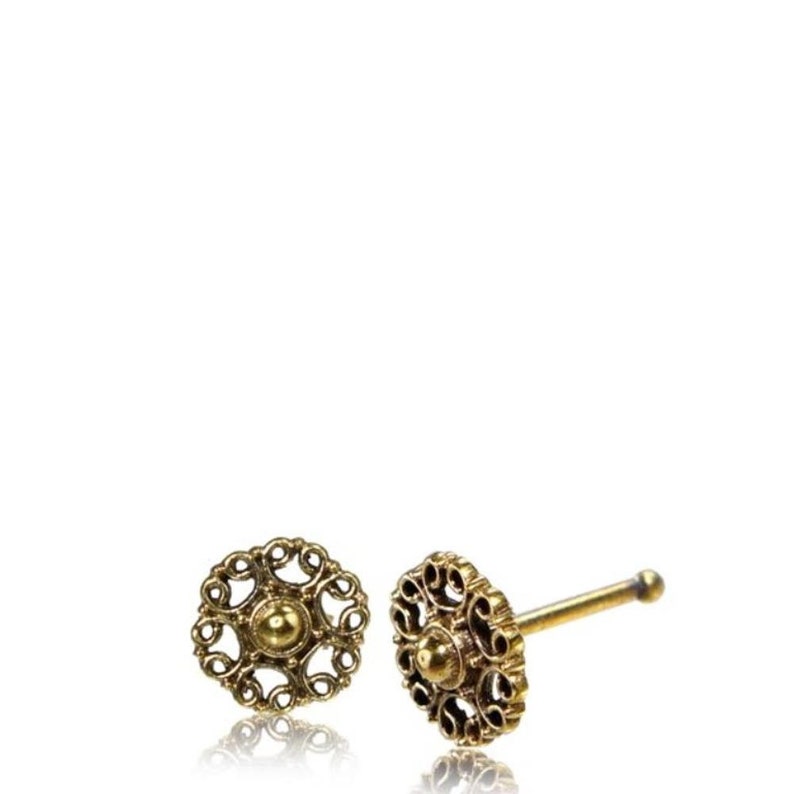 Straight nose stud tragus golden spiral arches flower brass 8 mm long image 1