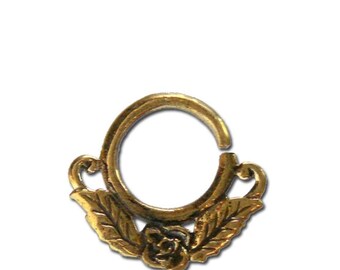 Septum piercing nose rings rose flower leaf brass 1 mm gold-colored antique earring