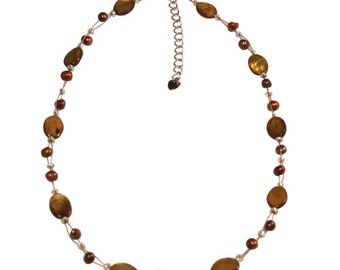 Ladies chain ocher brown pearl necklace pearl pearl discs oval 42-48 cm carabiner nickel free
