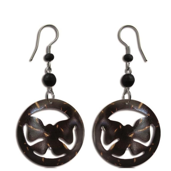 Earrings round butterfly punched coconut wood dark brown grain Earrings