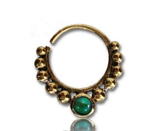 Septum piercing nose rings Malachite beads brass 1 mm golden antique earring green (BN-81)
