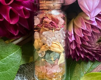 Herbs & Crystals Magic Spell Jar w/Rough, Tumbled Gemstones ~ Witchcraft Supplies for Spell Casting, Ritual, Altar ~ Witchy Gifts for Her