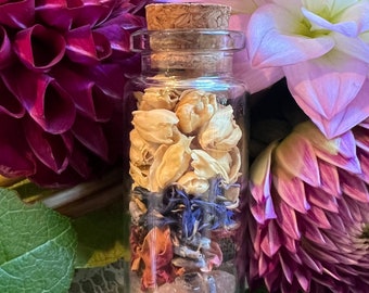 Herb & Crystal Spell Jar ~ Magic Tumbled Gemstone Chips in Apothecary Bottle w/Botanicals ~ Beginner Witchy Tools and Supplies ~ Gifts
