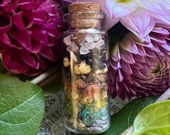 Crystal & Herb Chakra Balancing Spell Jar ~ Healing Tumbled Gemstones in Glass Bottle ~ Boho Witchy Decor ~ Gifts for Friends