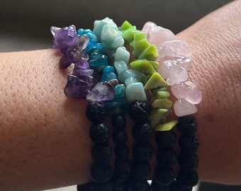 Handmade Lava Bead Essential Oil Diffuser Bracelet ~ Aromatherapy Crystal Jewelry ~ Roe Quartz, Amethyst, Jade ~ Gift for Girlfriend, Wife