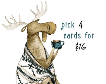 ESPECIAL - Conjunto de cuatro tarjetas / Tarjetas de animales del bosque, Conjunto de tarjetas de felicitación, Paquete de tarjetas de cumpleaños, Tarjetas caprichosas, Tarjeta de acuarela, Tarjetas en blanco
