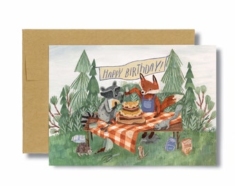 Forest Cake Birthday Card | Happy Birthday Cards | Outdoor Cards, Woodland Animal Cards, Whimsical Cards, Kids Birthday Cards